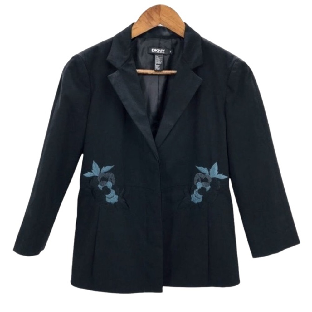 DKNY Black with Blue Embroidery Fully Lined Blazer Jacket size 4 Small